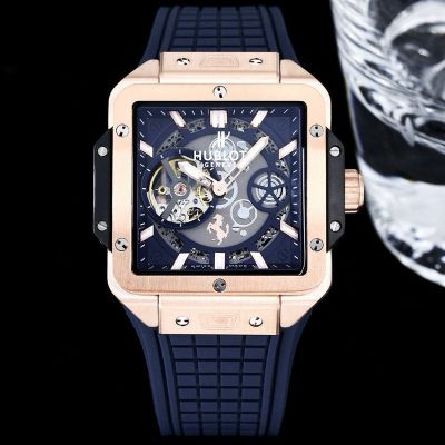 HUBLOT watch rubber strap Square Bang Unico  Rose Gold Blue 42mm Replica Watch